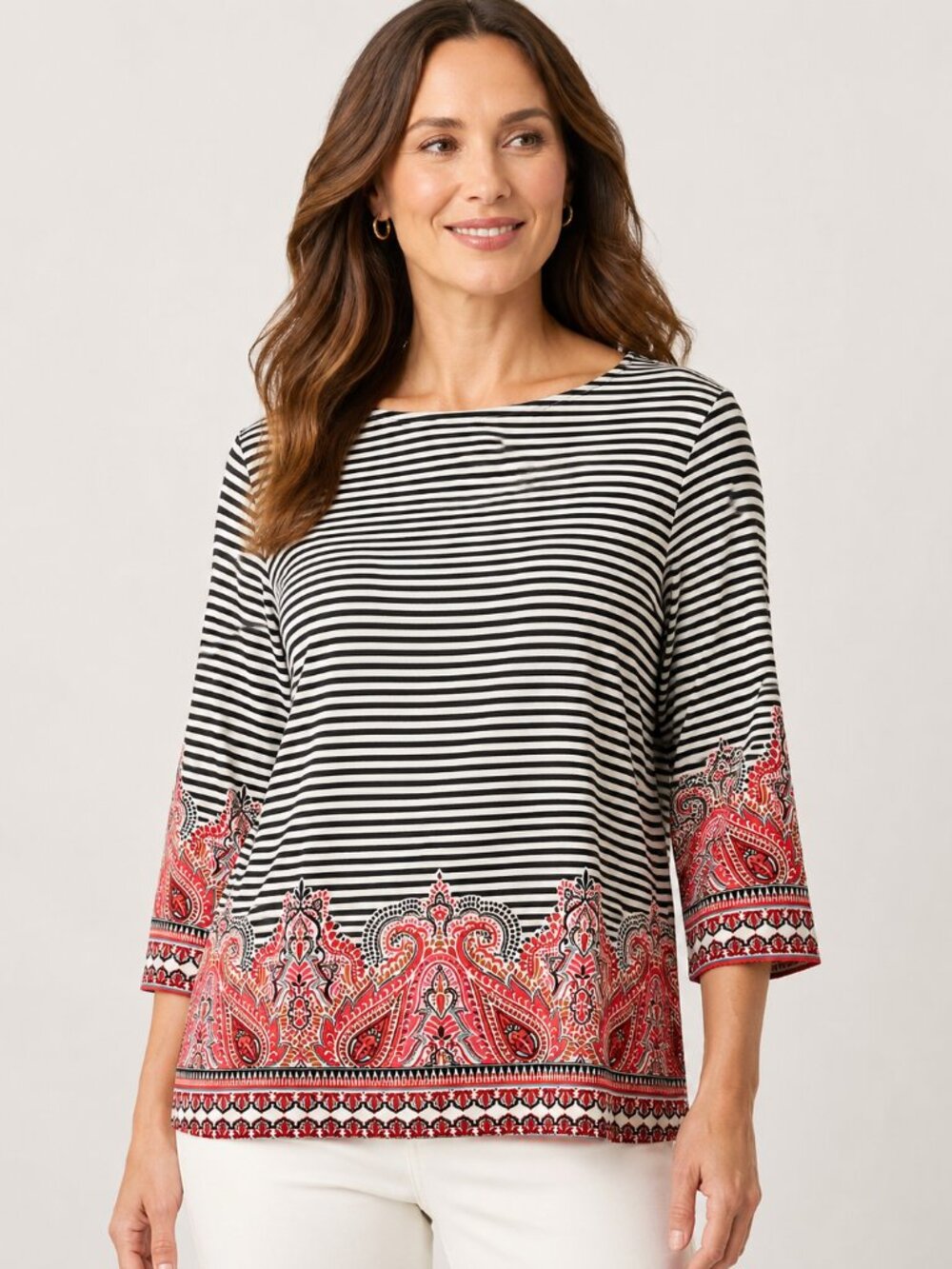 Chico’s Size 2 L/12-14 Black White Stripe Paisley Border 3/4 Sleeve Stretch Top